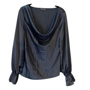 Navy SHEIN Women's‎ Satin Cowl Neck Flounce Sleeve Blouse Size M A50